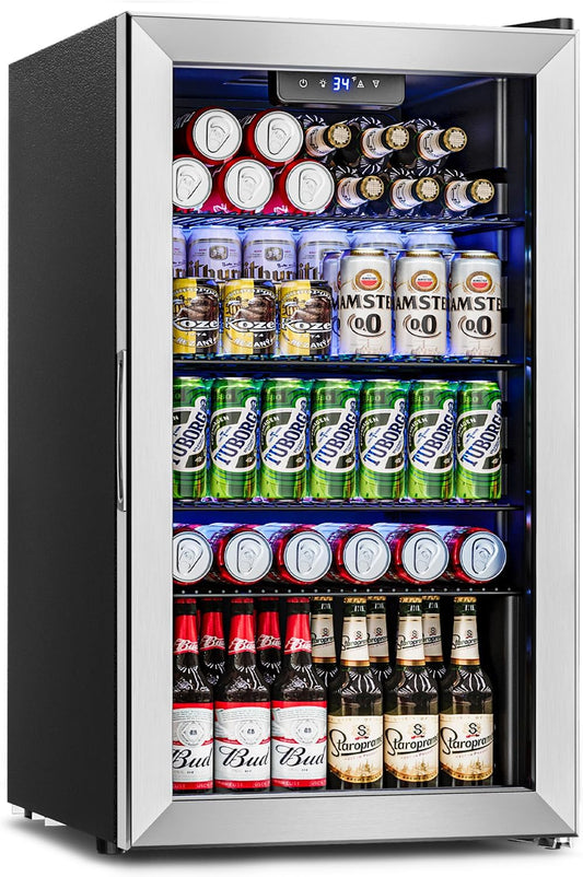Beverage Refrigerator Cooler - 126 Can Mini Fridge Glass Door for Drinks Soda Beer Wine - Small Refrigerator for Office Bedroom Home Bar, 4 Adjustable Shelves, 3.2 Cu.Ft, Silver