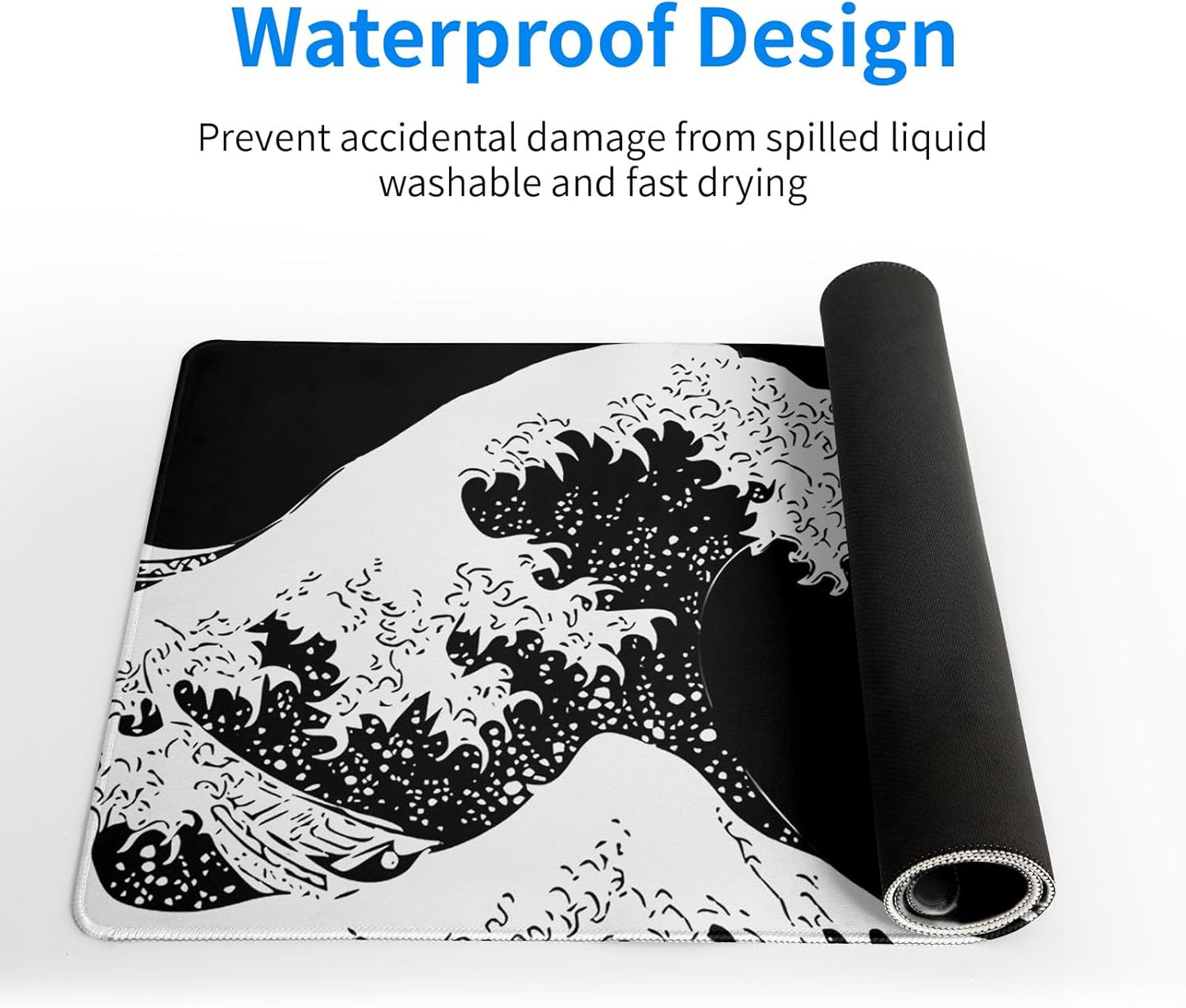 Japanese Sea Wave Large Mouse Pad, Abstract Black Gaming Mousepad, Extended Kanagawa Mat Desk Pad, 3mm Thick Long Non-Slip Rubber Base Mice Pad for Office and Home, 27.6x11.8 Inch