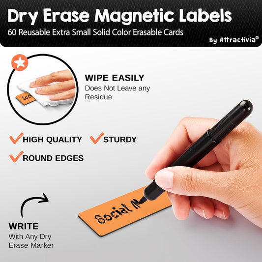 Dry Erase Magnetic Labels 2.8 x 1.2 in, Solid Colors, Dry Erase Magnets, 60-Pack, Colored Erasable Write-On All-Purpose Labels, for Office, Education, Home, Whiteboard