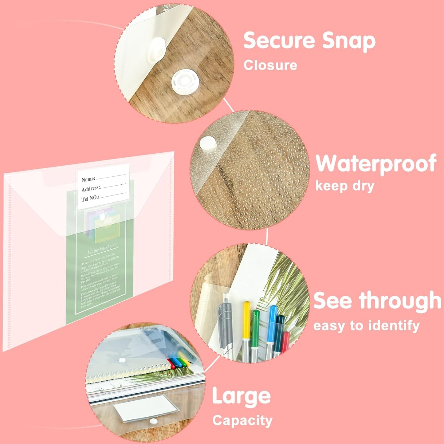 NACHLYNN 108 Pack Plastic Envelopes Plastic Folders with Snap Closure, A4 Size Clear File Envelopes with Label Documents Folders Organizers for Home Work Office Organization