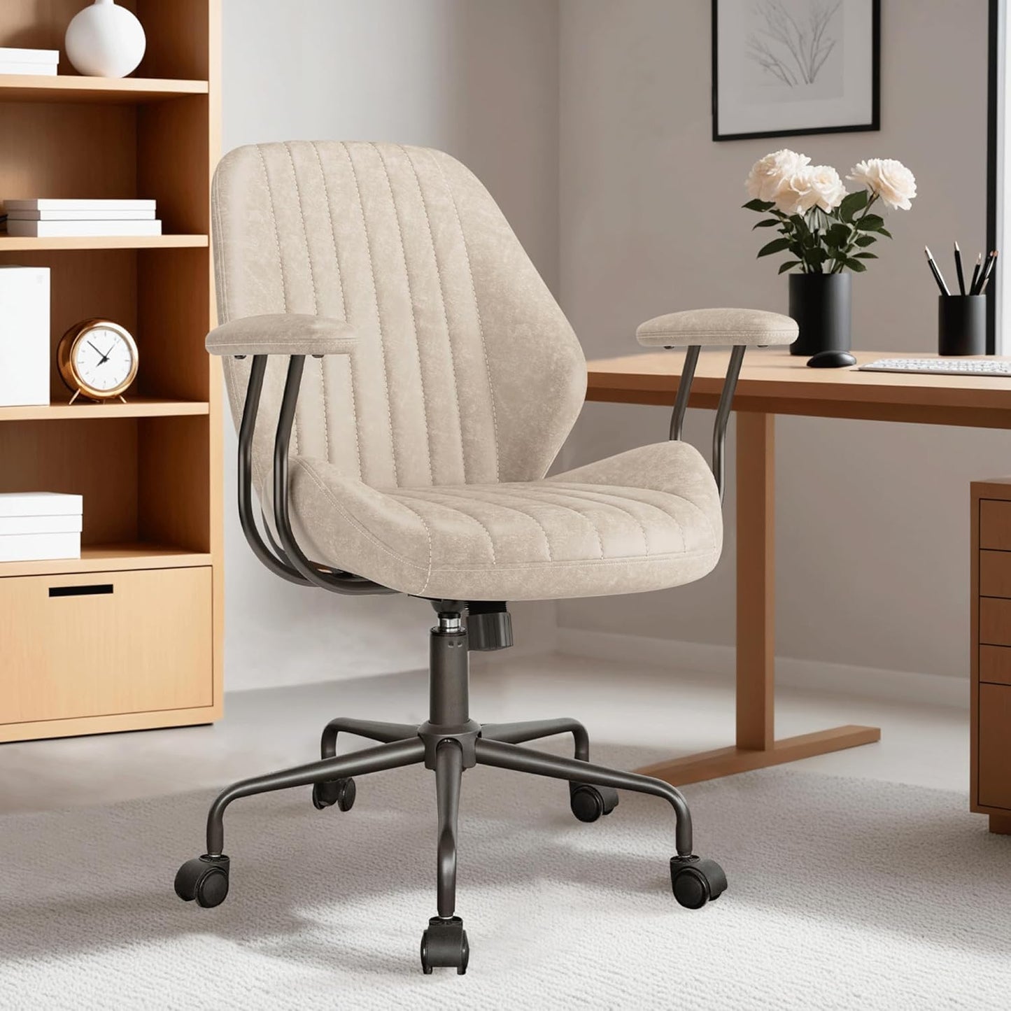 ovios Ergonomic Home Office Chair, Mid-Century Modern Faux Leather Chairs with Padded Armrests, Comfy Mid Back Swivel Rolling Executive Computer Armchair (Beige, Suede Leather)