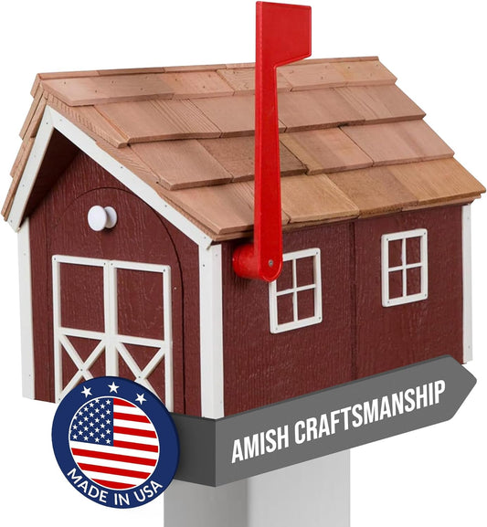 Peaceful Classics Amish Cedar Roof Wooden Mailbox with Window & Door Trim, Handcrafted Mailboxes for Outside, Post Mount Residential Mailboxes - (Red with White Trim)