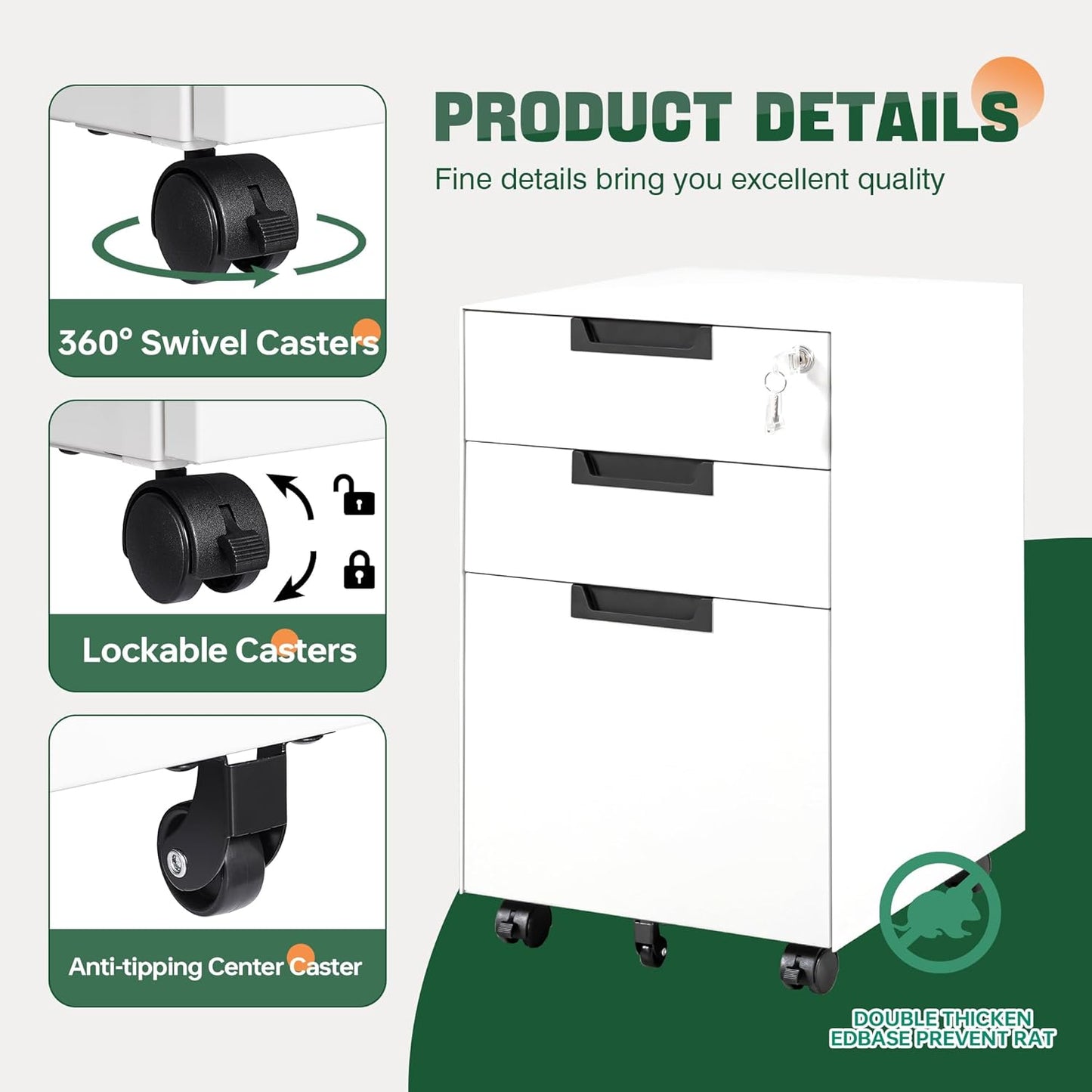 Letaya 3 Drawer Mobile File Cabinet with Lock,Under Desk Metal Small Filing Cabinets for Home Office Organizer Letters/Legal/A4(Fully Assembled Except Wheels-White)