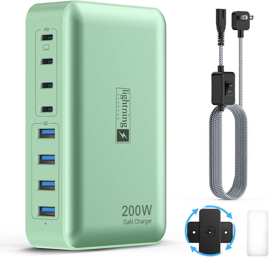 8-Port Multiple Charger Station 200W with Flat Plug, Braided Power Cord, and On/Off Switch- USB Charging Hub for iPhone, iPad, MacBook and More- 65W C Port Power Adapter for Laptops