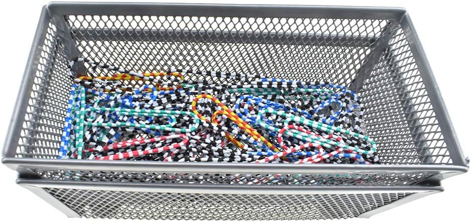 HAHIYO Stackable Mesh Tray Cup 6 x 3 x 2 inches Sturdy Container for Desk Drawer Organizer Collection for Home Office School kitchen Soft Foam Feet No Sharp Edges 2 Pack Silver