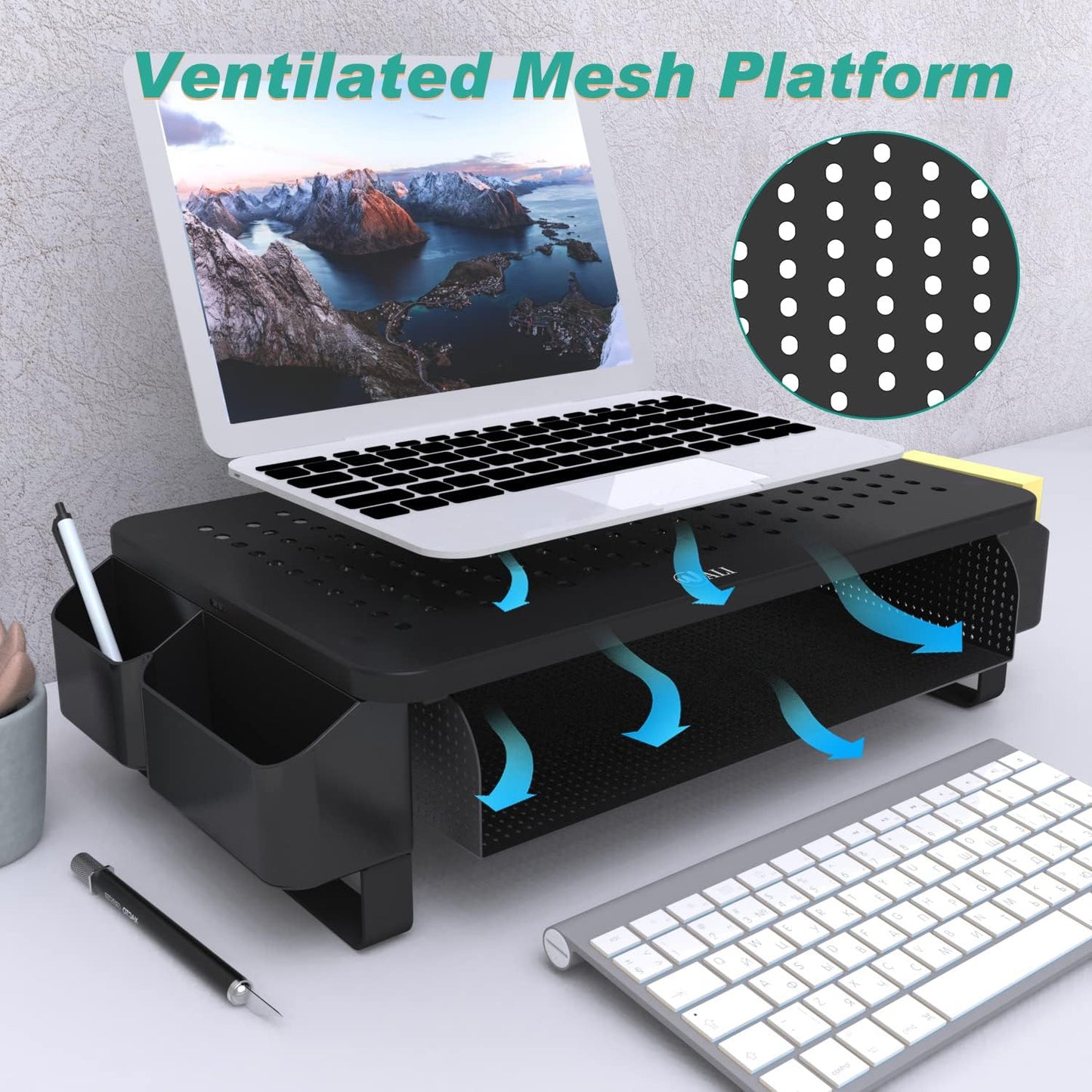 WALI Monitor Stand with Storage, Monitor Riser with Ventilation Drawer and Side Storage, Laptop Stand Riser for Desk, Printer Stands, (STT007), Black