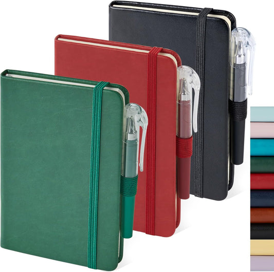 Small Notebook Journals, 3 Pack Mini Pocket Note pads for Men & Women Writing, A6 Small Leather Notepad 3.7" x 5.7" with Pen, Black, Red, Green