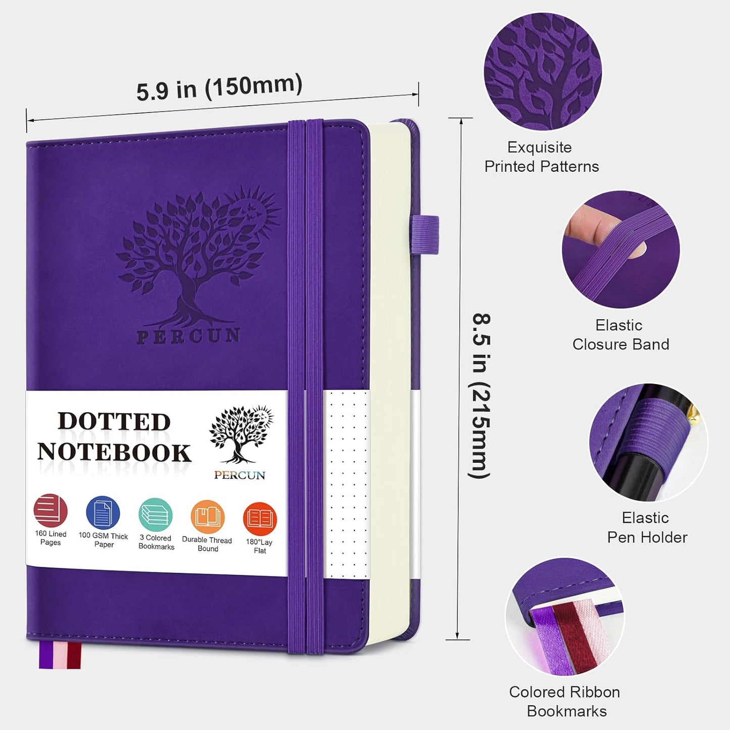 PERCUN Dotted Journal Notebook for Men & Women, 160 Pages Dot Grid notebook for Note Taking, Bullet Journaling Notebook for Work, School, Travel, Writing, A5 Hardcover 5.9" x 8.5"(Purple)