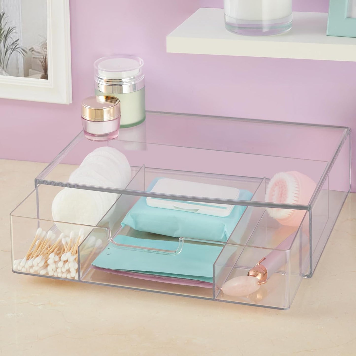 STORi STAX Plastic Stackable Organizer Divided Drawer in Clear | 12.5-inches Wide | 3-Compartments to Organize Office Desk Accessories, Pens, and Notepads| Made in USA