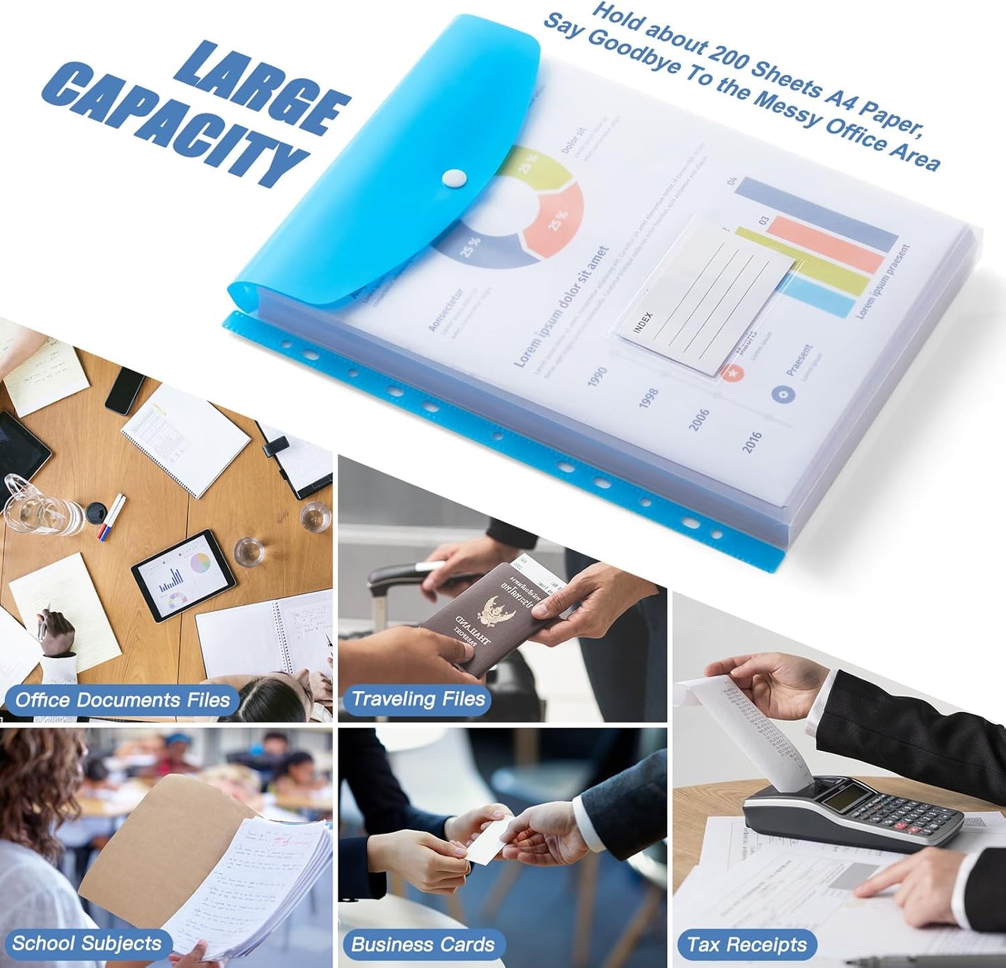 Binder Pocket Organizer Folders, 12 Pack Expandable Files Bag Plastic Envelopes Binder Folders with 11 Holes for 2/3/4 Ring Binder, Document Pouch with Snap Button and Label for School Office Home