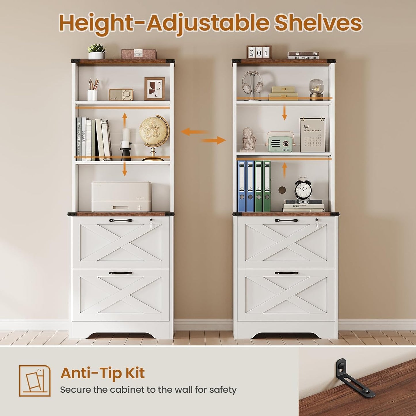 SEDETA 2 Drawer File Cabinet with Lock, Wood Filing Cabinet fits Letter, Legal, A4 Size, Hanging File Folders, Farmhouse File Cabinets for Home Office with Adjustable Storage Shelf, White