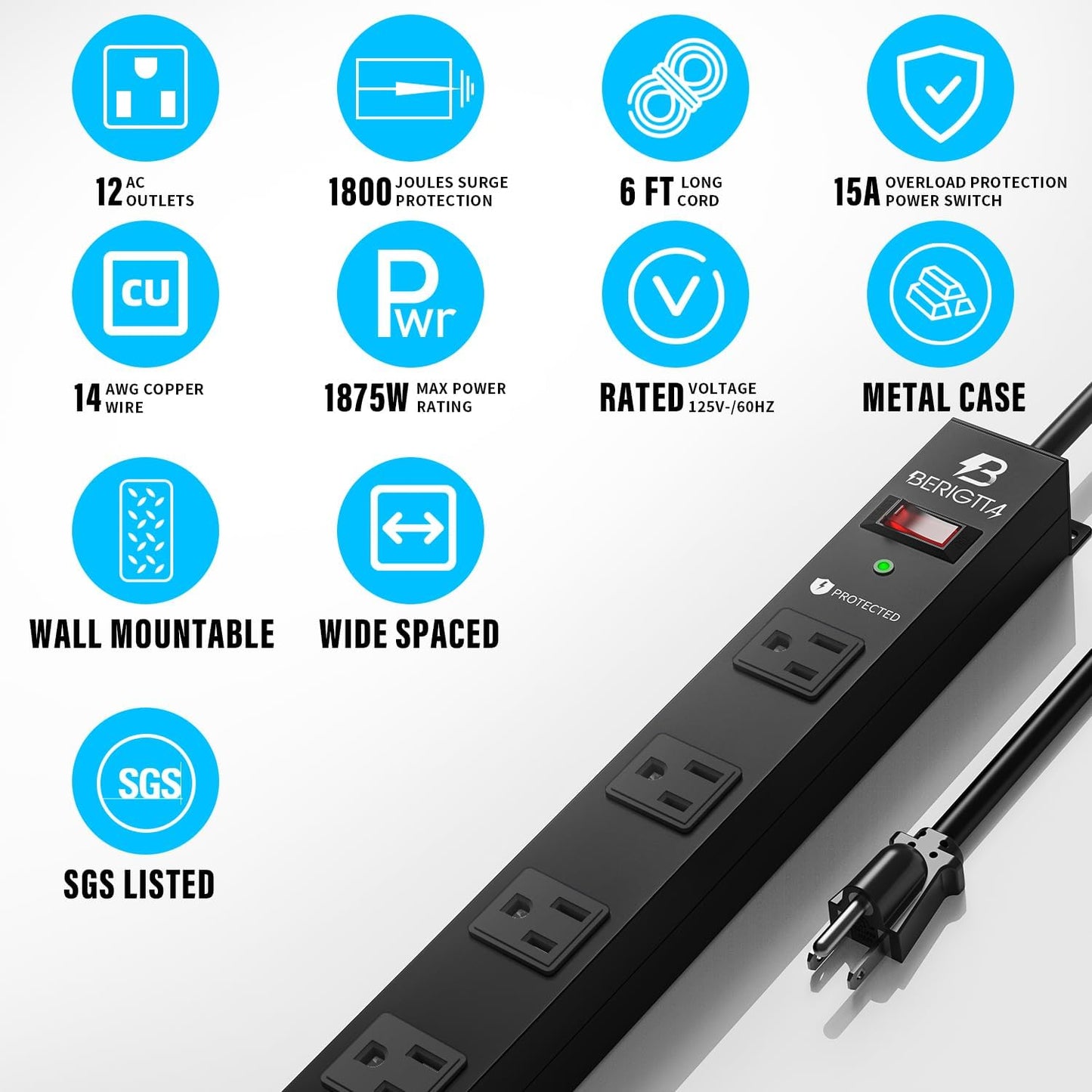 12 Outlet Surge Protector Metal Power Strip, 1800J Mountable Power Outlet, Heavy Duty Workshop Metal Power Strip for Commercial, Industrial, School and Home,15A 125V 1875W (6FT)