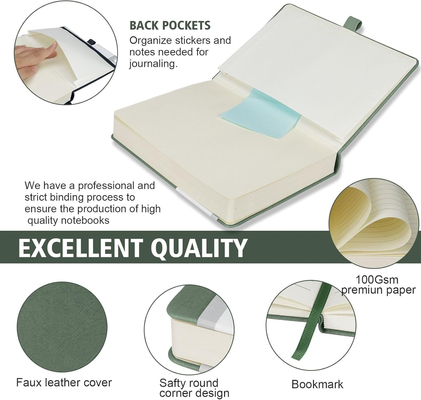 Lined Journal Notebook, 360 Numbered Pages(With page number), Thick Journal for Writing A5 College Ruled Notebook, 100gsm Lined Paper, Leather Hardcover, 5.75'' X 8.38''-Morandi Green