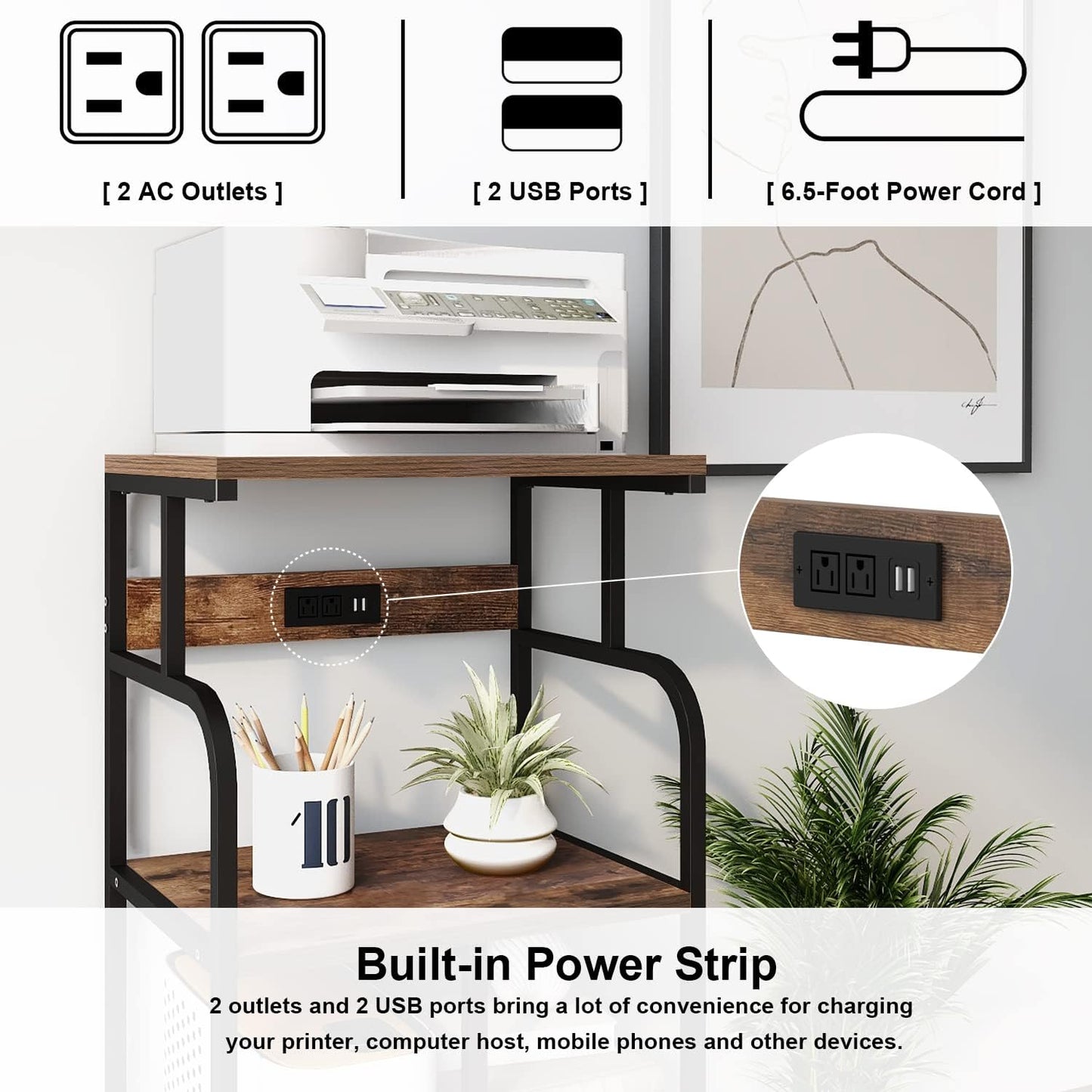 VEDECASA Large Printer Stand Cart with Charging Station USB Port 21.2"x15.7"x42.3" Tall 3-Tier Adjustable Shelf Storage Home Office Rolling Stand with Wheels