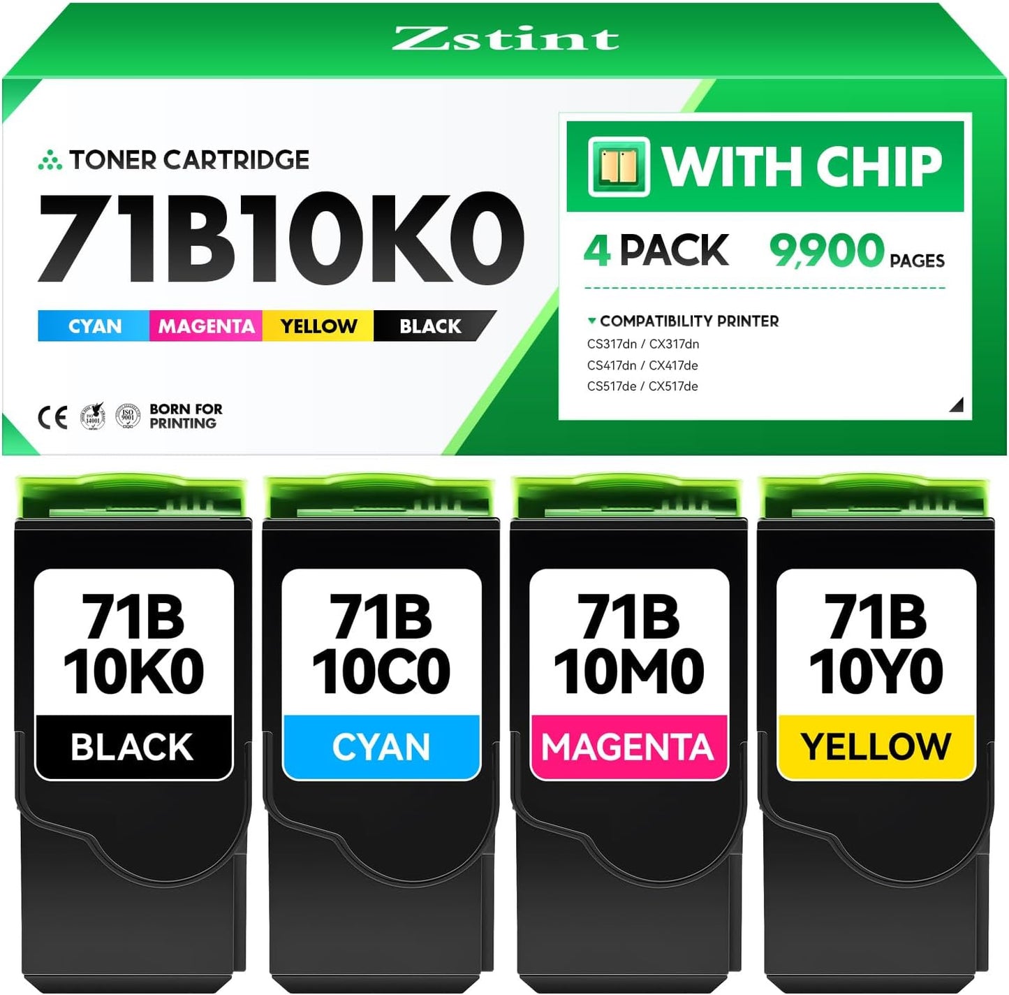 71B10K0 71B10C0 71B10M0 71B10Y0 Toner Cartridge Set 4-Pack Replacement Compatible with Lexmark CS317dn CX317dn CS417dn CX417de CS517de CX517de Laser Printer Ink All-in-One Black Cyan Magenta Yellow