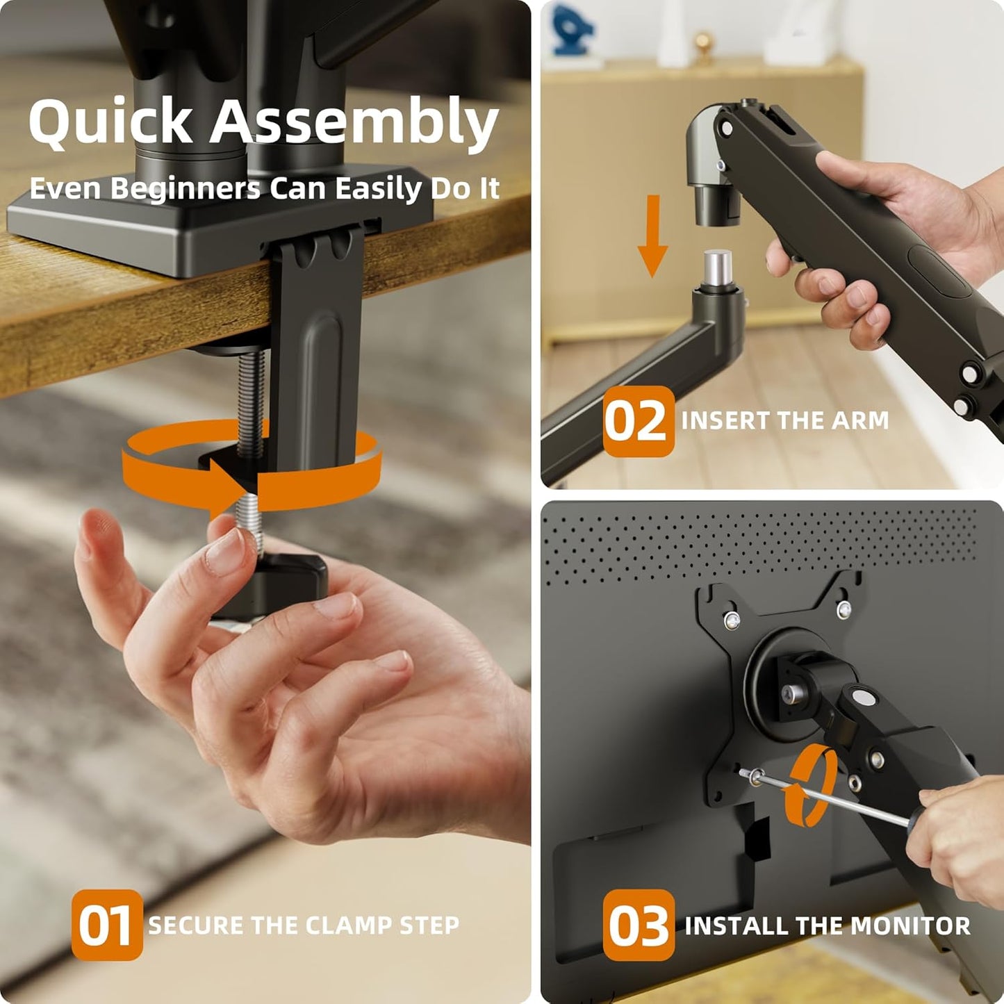 Claiks Dual Monitor Mount for 15-32 Screens, Ergonomic Gas Spring Monitor Arm for, Adjustable Computer Monitor Stand up to 40 lbs, with Clamp and Grommet Base, VESA Mounting Holes 75&100mm, Black