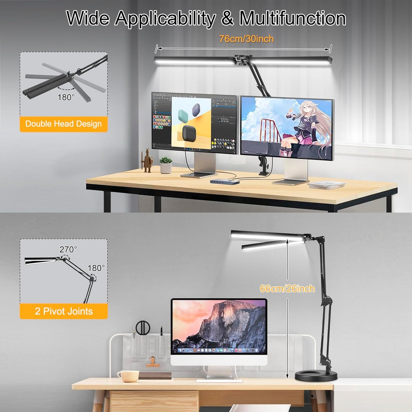 2-in-1 LED Desk Lamp, 24W Brightestwith Table Lamp with Clamp, Desk Light with Flexible Swing Arm,3 Color Modes Stepless Dimmable Double Head Architect Desk Lamps for Home Office Workbench Reading