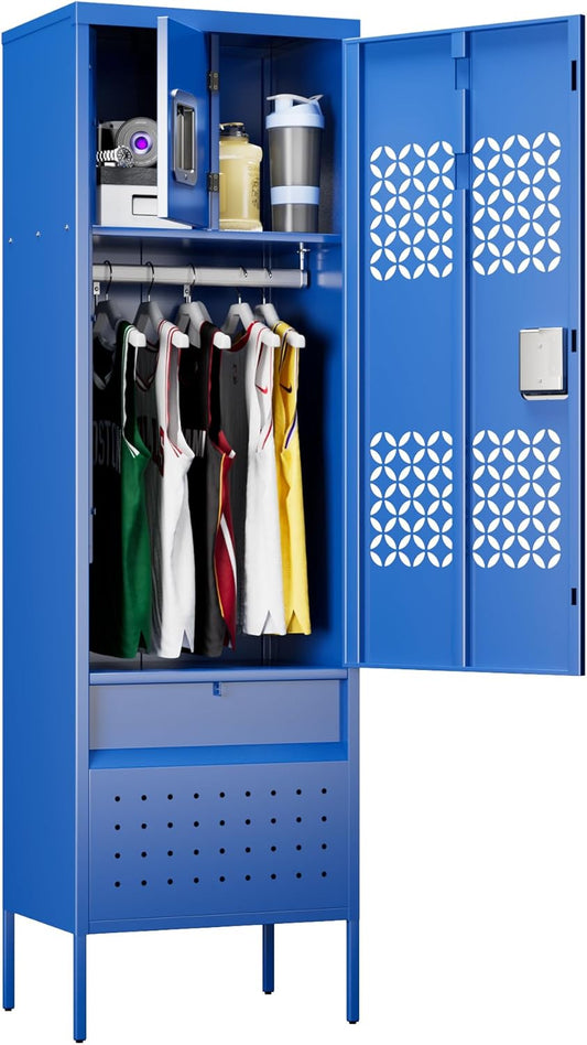 Locking Metal Locker with Hanging Rod,1 Door Metal Storage Locker for Gym,Basketball Gym,Gymnasiums,Utility Room,Assembly Required,Blue