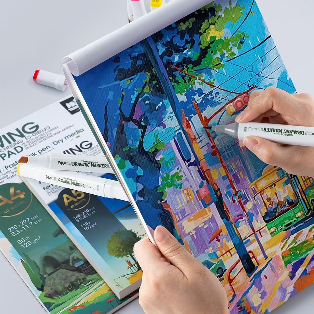 TRANSON Alcohol Markers for Drawing Coloring 48 Colors Dual-tip Chisel and Brush Tips