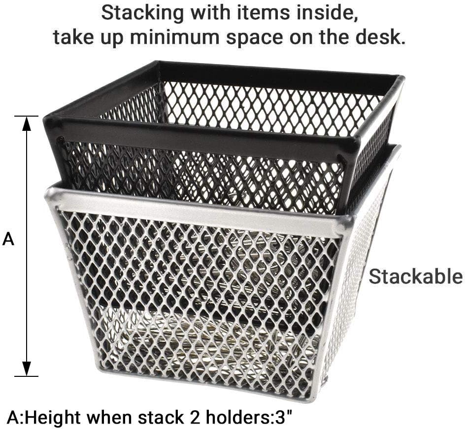 HAHIYO Stackable Paper Clip Mesh Holder Cup 2.2" Height 4 Pack Sturdy Paperclip Holder Container for Desk Drawer Organizer Collection for Home Office School Black Silver Soft Foam Feet No Sharp Edges