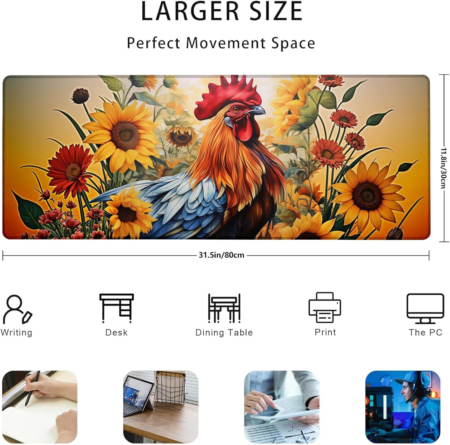Rooster and Sunflowers Gaming Mouse Pad Gifts 31.5" x 11.8", Non-Slip Rubber Base MousePads for Computers Laptop School Office Home Accessories Decor, Mouse Pad, Keyboard Desk Mat