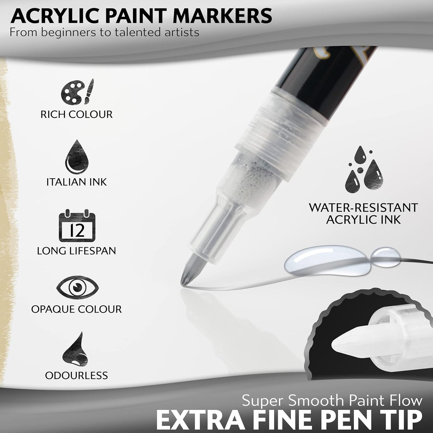 Stylo 4 Count Acrylic Metallic Pens - Silver Paint Pens - Fine Tip Permanent Acrylic Metallic Paint Markers for Rock Painting, Glass, Wood, Ideal for Arts and Crafts (Pack of 4, Silver)