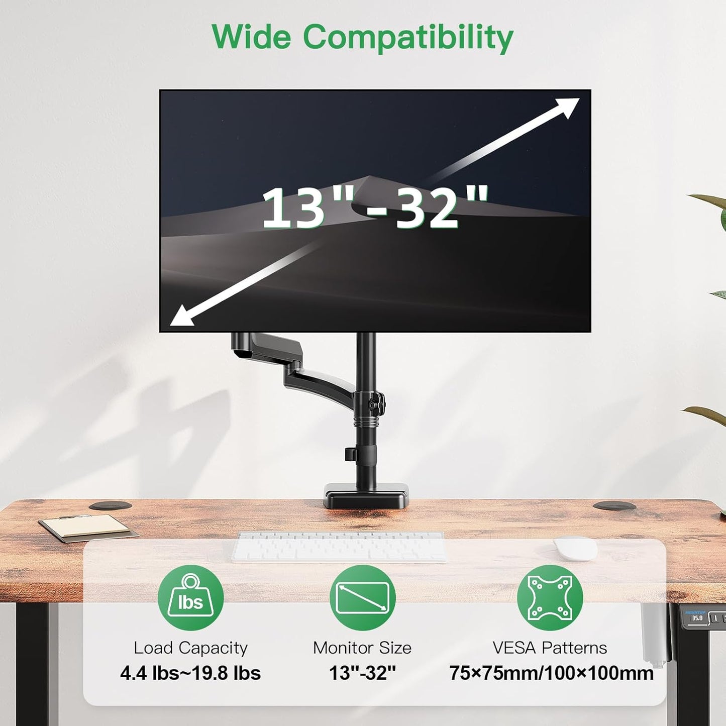 MOUNT PRO Single Long Monitor Arm, 13 to 32 inch Computer Monitor Desk Mount, Extra Long Adjustable Screen Stand, Tall Display Mount with Tilt, Swivel, Rotation, Hold up to 19.8lbs, VESA 75/100mm