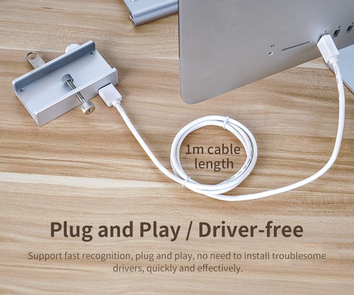 ORICO USB 3.0 Hub Clamp - Aluminum 4-Port USB Splitter With Extra Power Supply Port, 4.92 FT USB A to C Cable, Desktop Powered Hub for Monitors/Desks - Silver