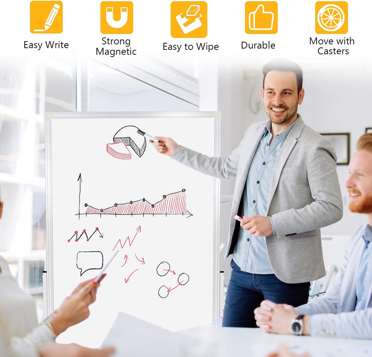 H-Qprobd 24"x36" Dry Erase Board with Stand - Adjustable Height Double Side Mobile Magnetic Rolling Whiteboard on Wheels for Home, Office & School