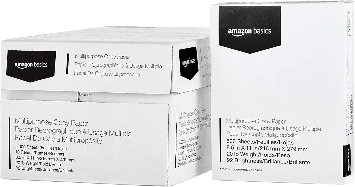 Amazon Basics Multipurpose Copy Printer Paper, 20 lb, 8.5 x 11 Inches, 10 Reams (5,000 Sheets), 92 Bright, White