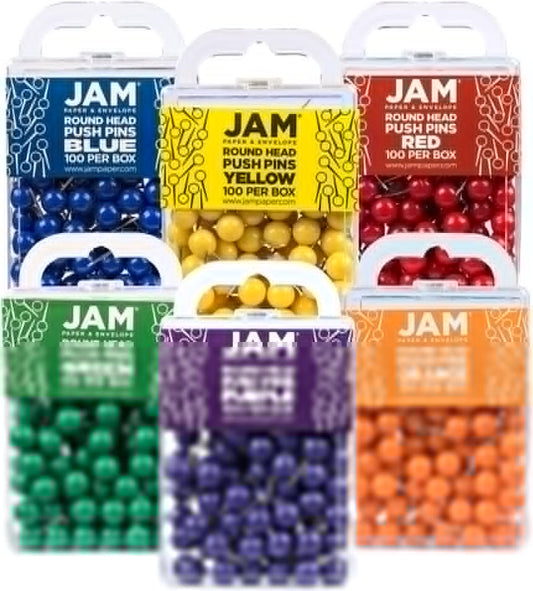JAM PAPER Colorful Push Pins - Round Head Map Thumb Tacks - Assorted Rainbow Colors - 600/Pack