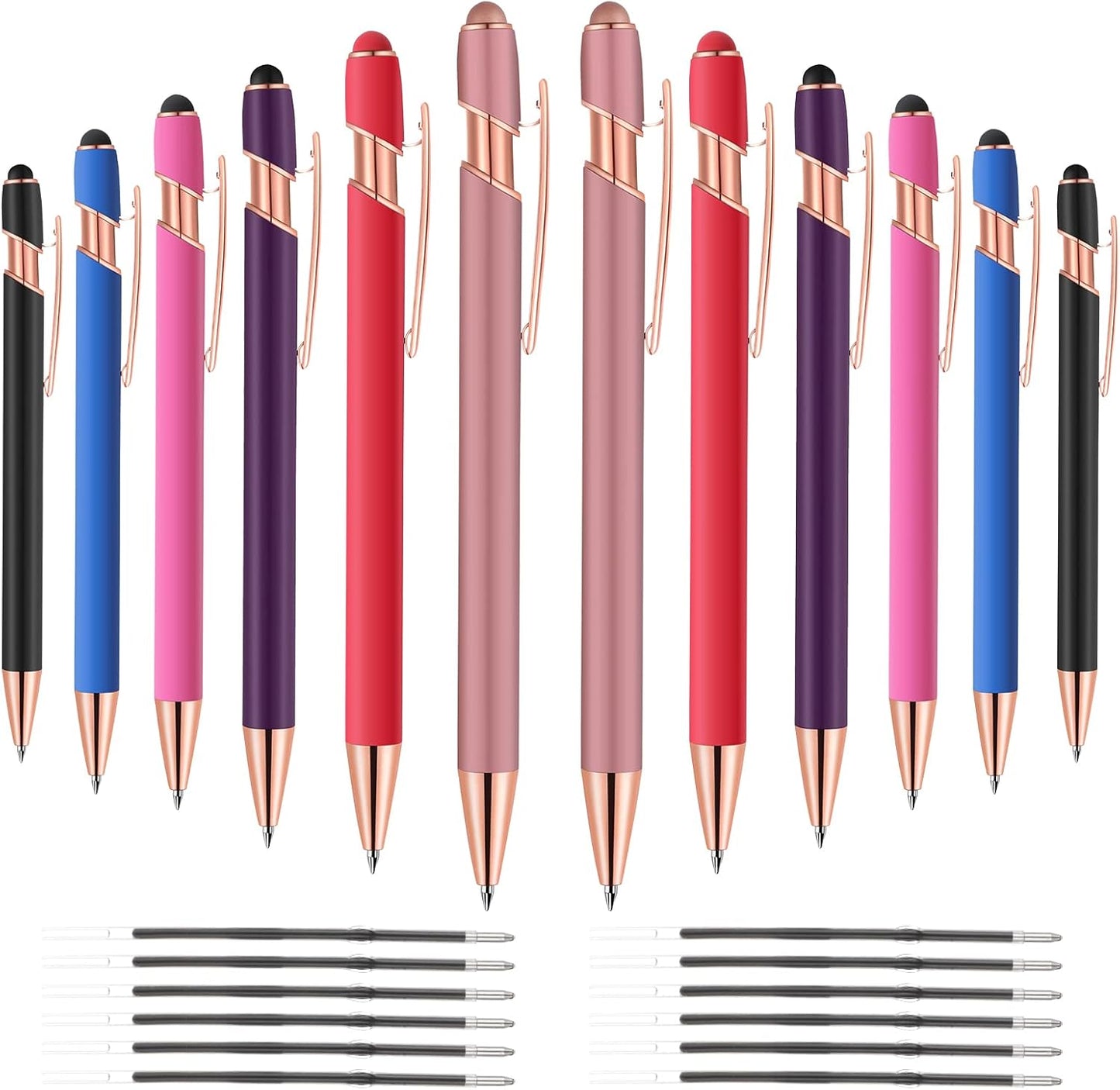 12 PCS 2 in 1 Stylus Ballpoint Pen with Stylus Tip, 1.0 mm Black Ink Metal Pen Stylus Pen for Touch Screens (Rose glod & 6 Colors)