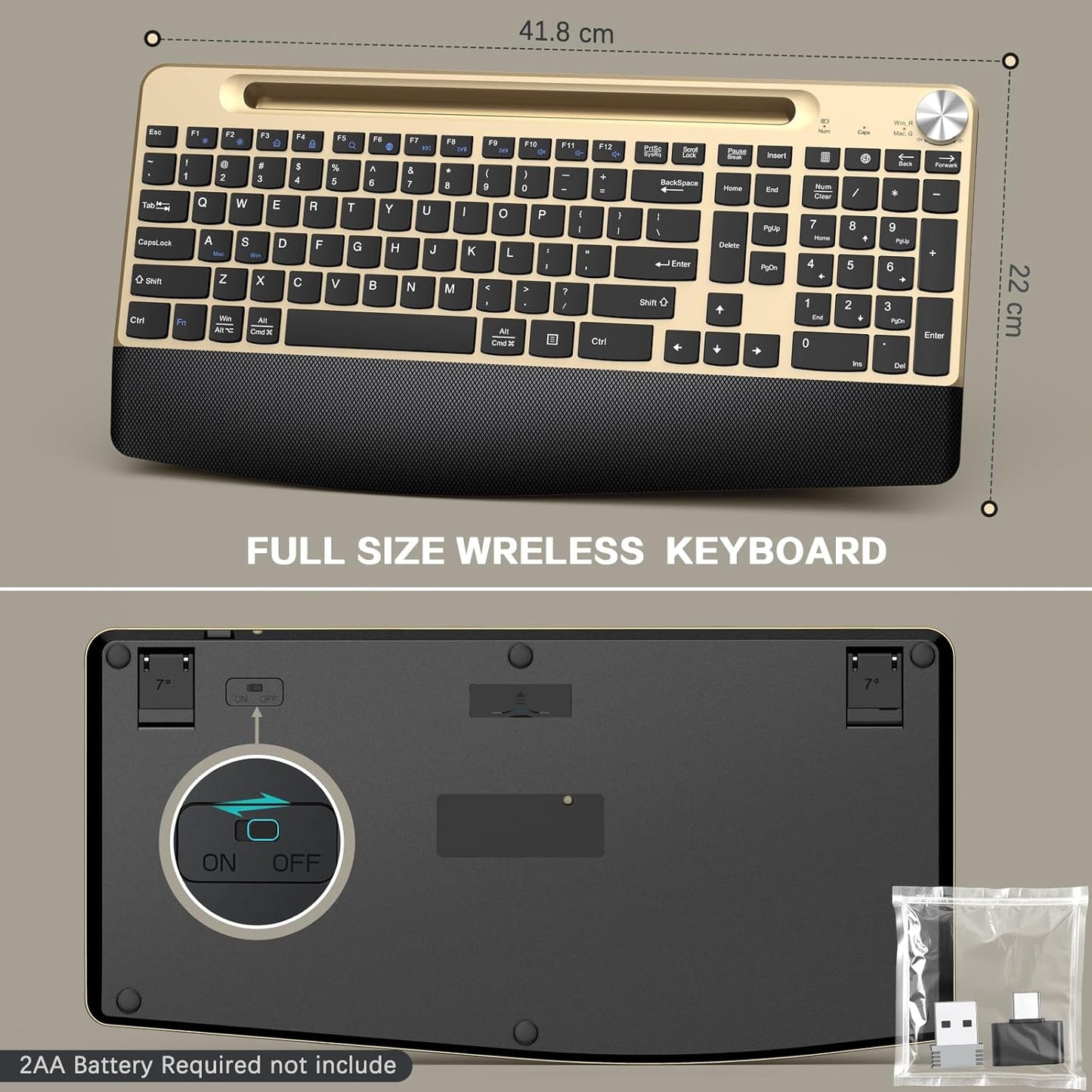 Ergonomic Wireless Keyboard and Mouse with Wrist Rest，Phone Holder - 2.4GHz Full-Sized Low-Profile Quiet Gold Wireless Mouse and Keyboard Combo for Computer, Laptop, PC, Mac-Gold