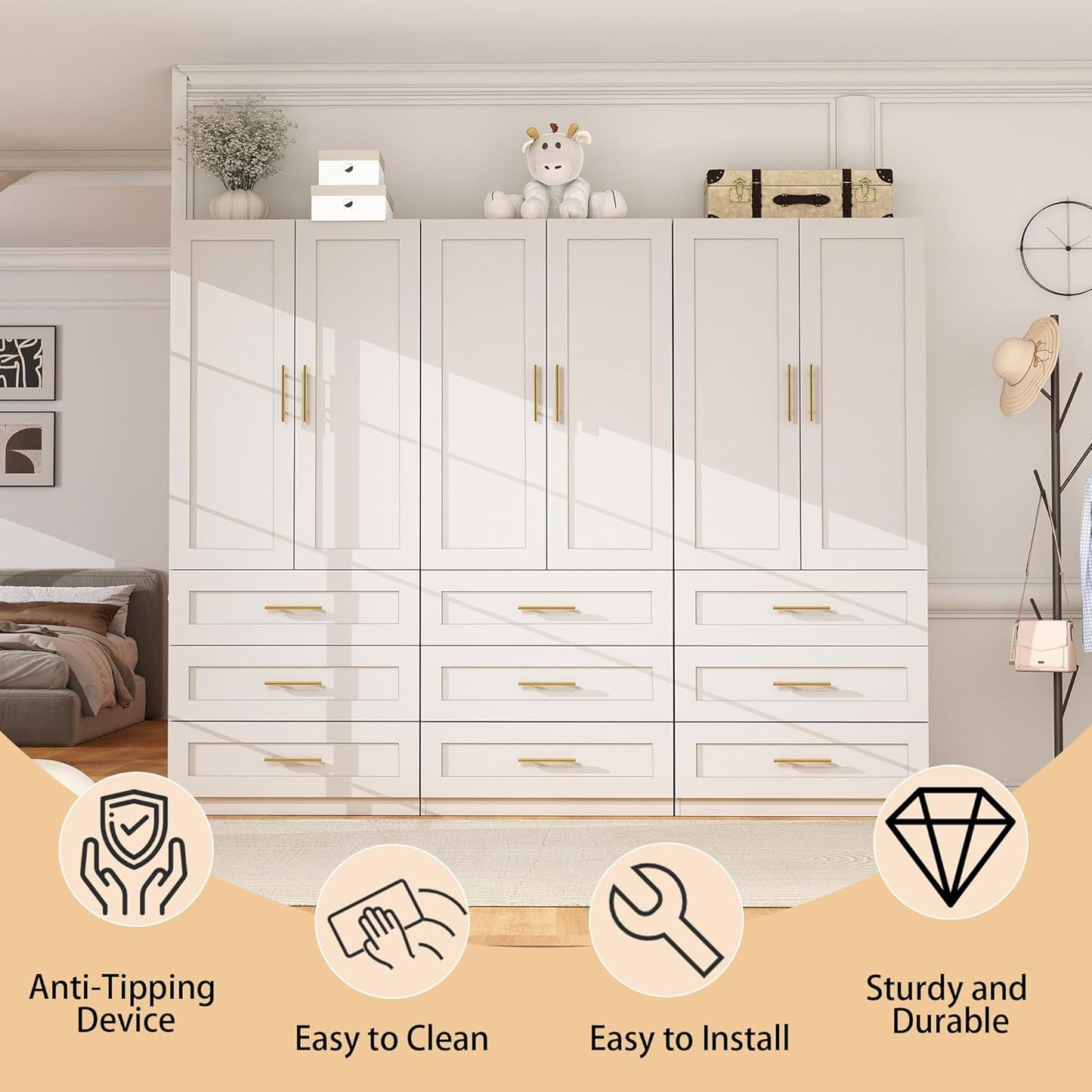 White Wardrobe with 6 Doors: 75" Tall Armoire Wardrobe Closet with 9 Drawers, Bedroom Closet Cabinet for Hanging Clothes, Wooden Storage Armoire with Shelves (Modern, 3)