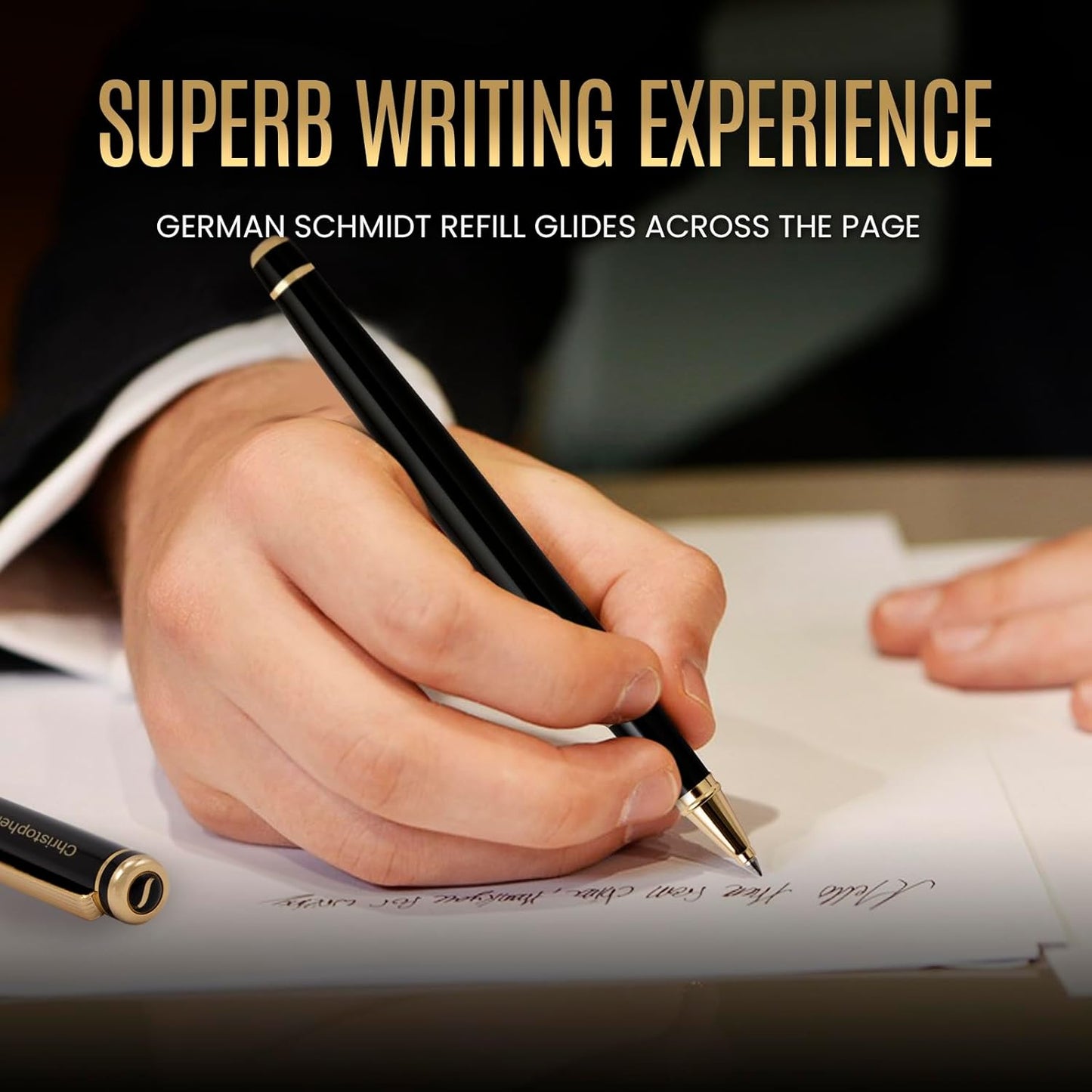 Scriveiner Personalized Black Rollerball Pen - Stunning Luxury Pen, Jet Black Lacquer & Real Gold Plating, Schmidt Ink Refill, Best Engraved Roller Ball Gift for Men & Women, Custom Name Engraving