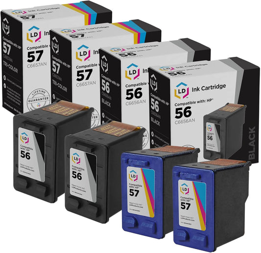 LD Products Remanufactured Ink Cartridge Replacements for HP 56 C6656AN & HP 57 C6657AN (2 Black, 2 Color, 4-Pack) Compatible with Deskjet 450 450cbi 450ci 450wbt 5150 5150v 5150w 5151 5550 5550v
