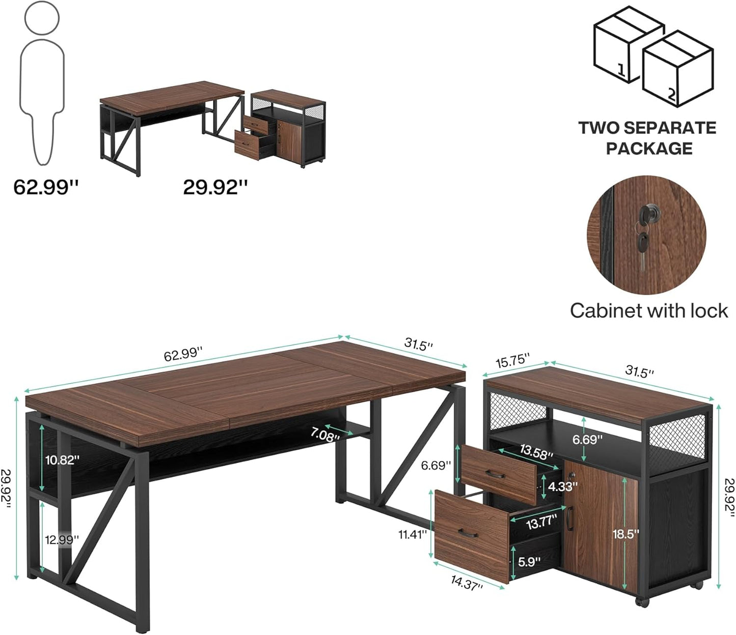 Tribesigns L Shaped Desk with Drawer Cabinet, 63" Executive Computer Desk and lateral File Cabinet, 2 Piece Home Office Furniture with Drawers for Hanging, Doors with Locks (Dark Brown, 63 inches)