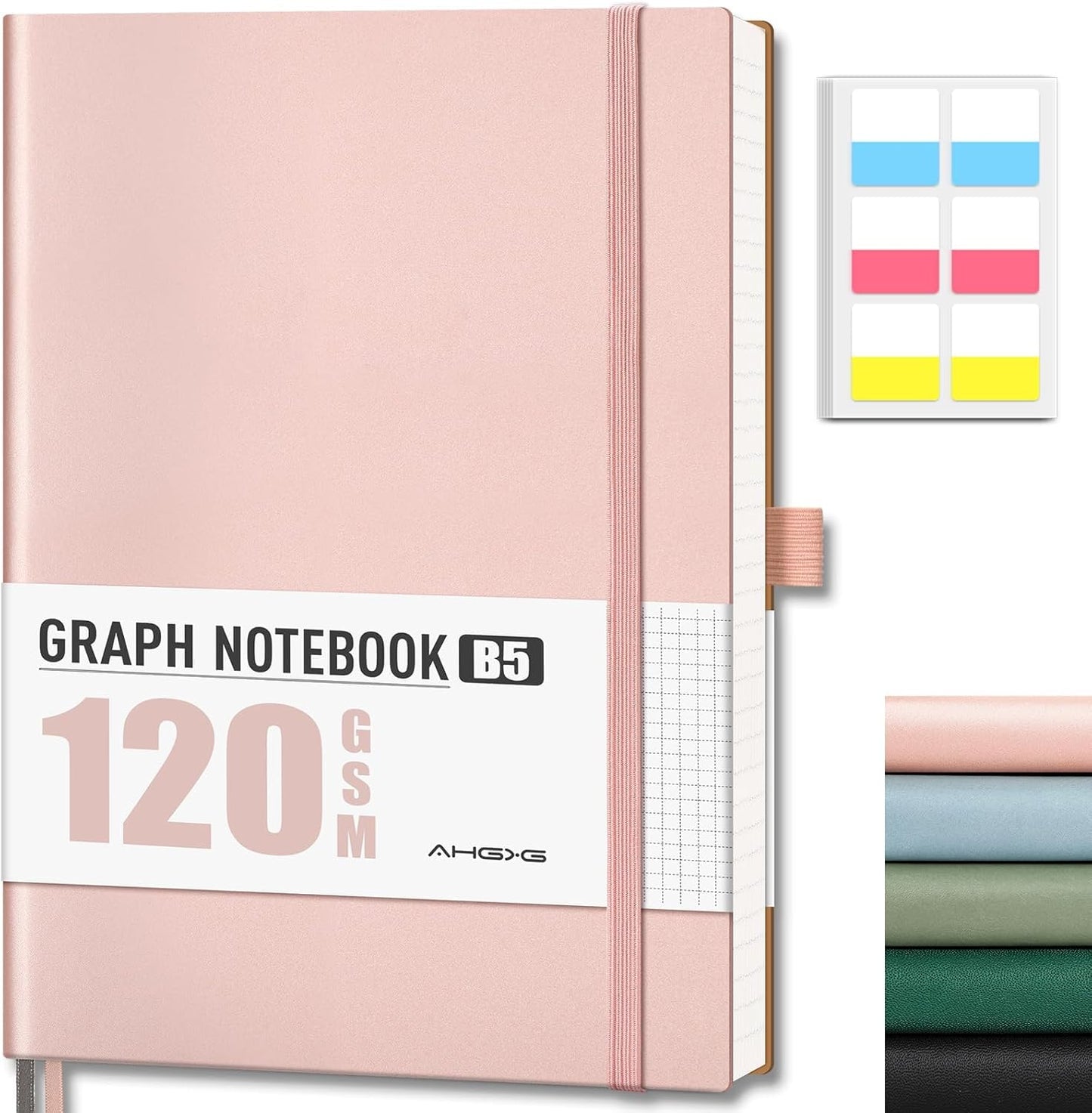 AHGXG Graph Paper Notebook - Grid Notebook Journal, 120 GSM Thick Graph Paper, Large B5 Notebook 96 Pages, Leather Softcover, for Graphing, Writing, Math, Engineering, 7.6'' X 10'' - Rose Gold