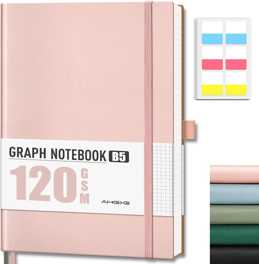 AHGXG Graph Paper Notebook - Grid Notebook Journal, 120 GSM Thick Graph Paper, Large B5 Notebook 96 Pages, Leather Softcover, for Graphing, Writing, Math, Engineering, 7.6'' X 10'' - Rose Gold