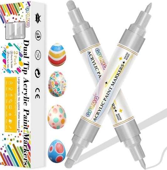 Paint Markers Paint Pens - 2 Pack Dual Tip Acrylic Permanent Marker (0.7mm & 3mm), Non-Toxic, Water-Based for Art Painting, Stone, Ceramic, Glass, Wood, Fabric, Metal, DIY Crafts (Silver)