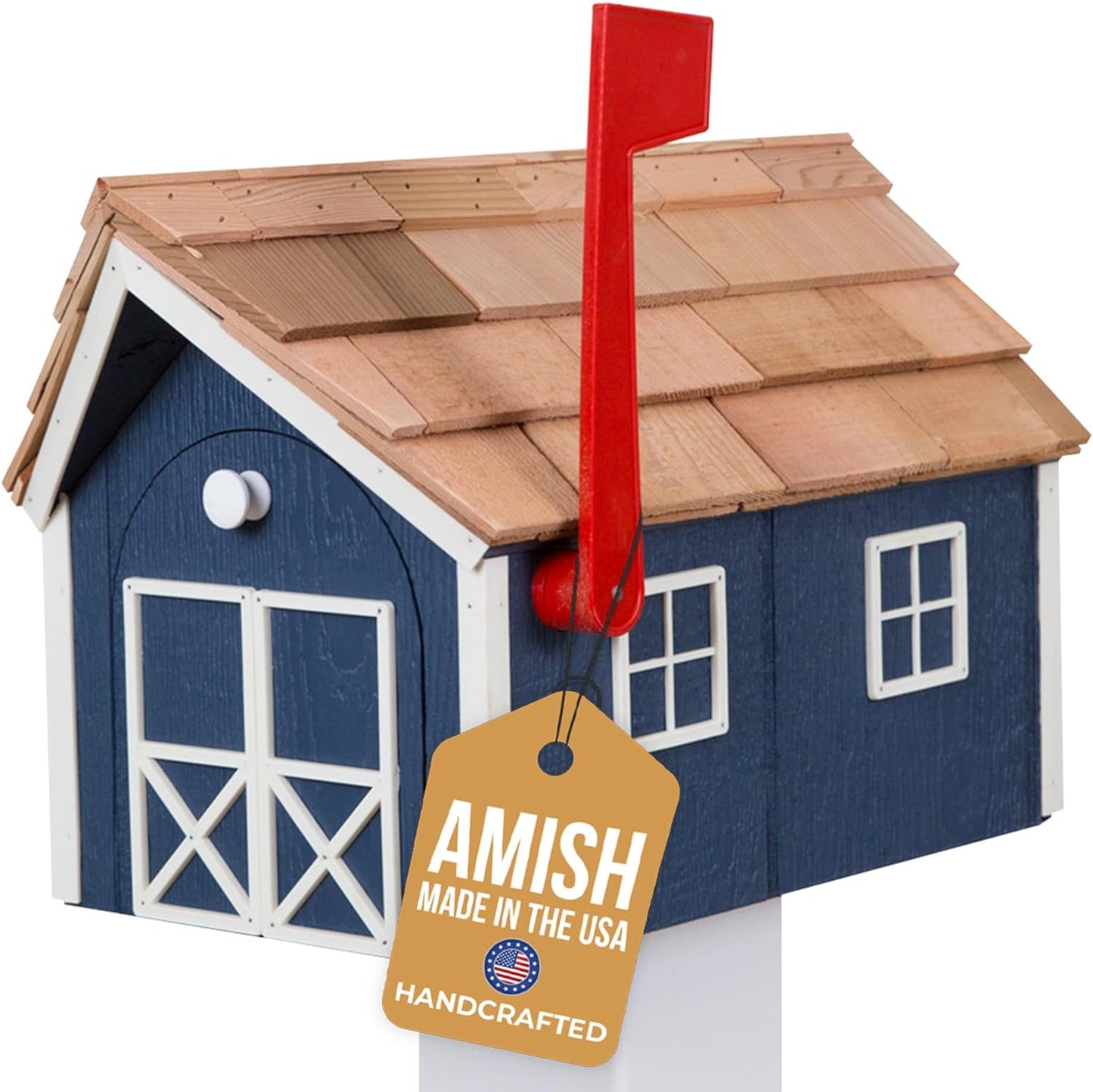 Peaceful Classics Amish Cedar Roof Wooden Mailbox with Window & Door Trim, Handcrafted Mailboxes for Outside, Post Mount Residential Mailboxes - (Navy with White Trim)