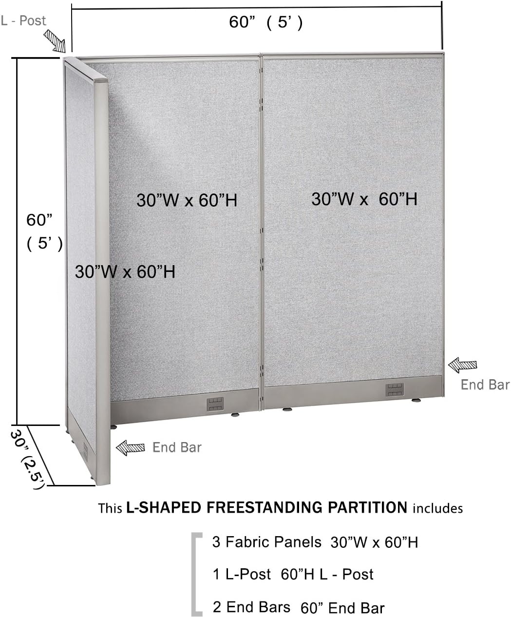 GOF Freestanding L Shaped Office Partition, Large Fabric Room Divider Panel, 30" D x 60" W x 60" H