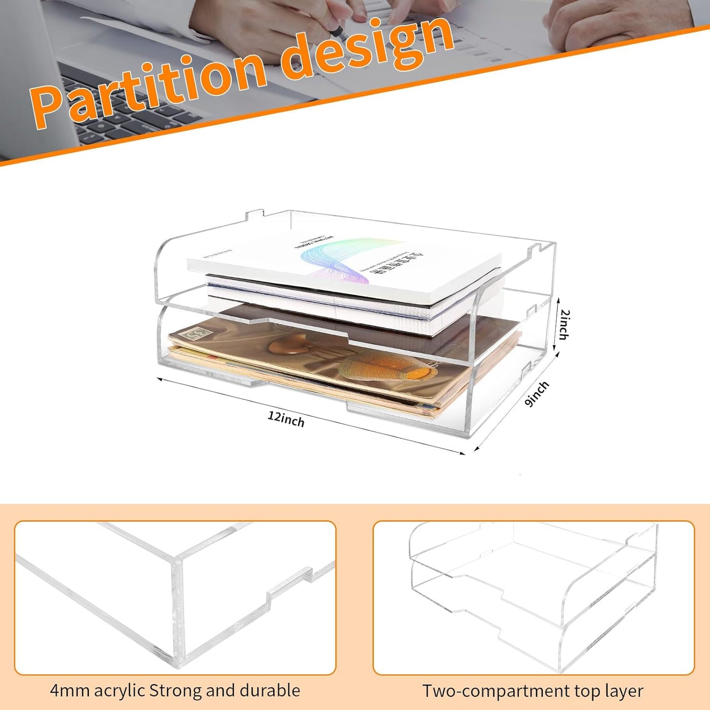 2 Pack- Stackable Paper Letter Tray,Clear Acrylic Magazine Holder and File Organizer - Sleek Desk Organizer for Home Office, Bookshelf, or Workspace - Space-Saving Transparent Document Holder