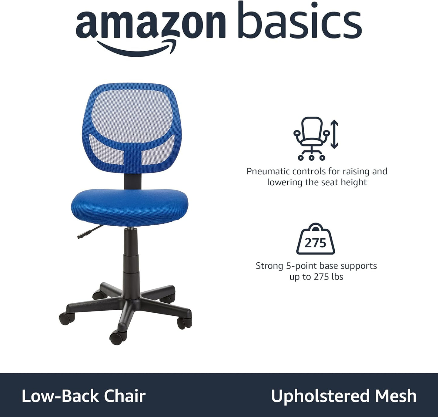Amazon Basics Rolling Desk Chair, Adjustable, Low Back, Padded Seat, Breathable Mesh, Swivel, Blue, 21.25" D x 22.5" W x 38" H
