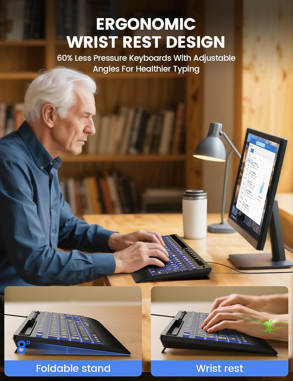 SABLUTE Large Print Backlit Keyboard, USB Wired Computer Keyboard with Backlight Memory Function, Wrist Palm, 7-Color Lighted Office Home Keyboards,Light Up Keyboard for Windows Desktop, Laptop, PC