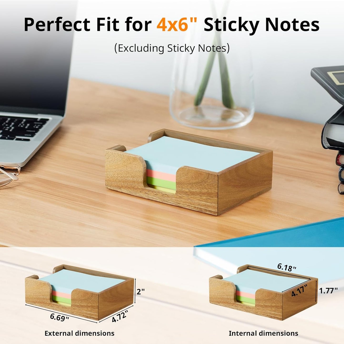 Acacia Wood Sticky Note Holder, 4x6 Inch Notepad Holder Dispenser with Dual Openings, Sticky Note Dispenser Memo Holder Case for Desk Office School Supplies