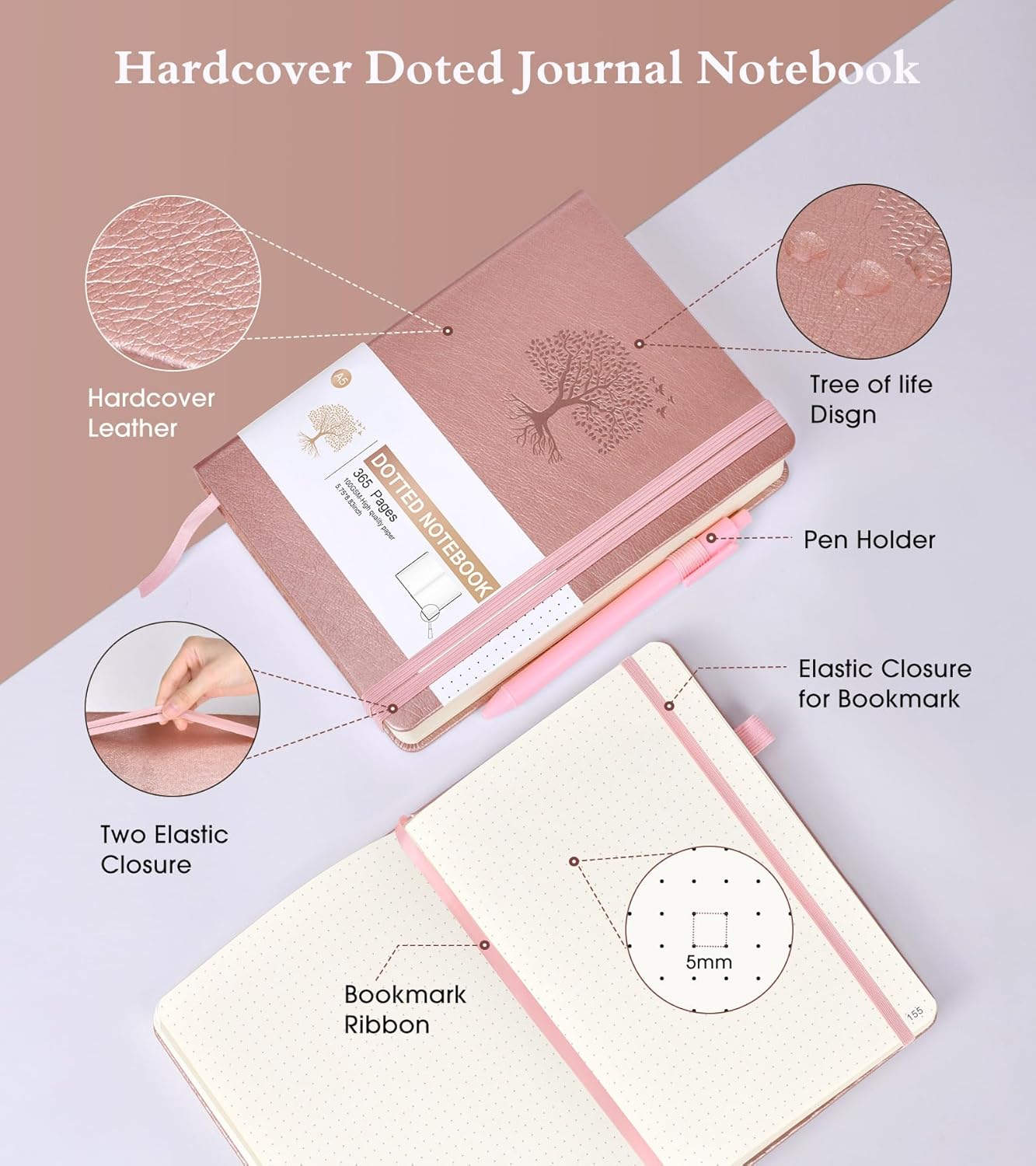 Dotted Journal Notebook, 360 Numbered Pages Bullet Journals, 100gsm Dot Paper Thick Hardcover Leather Journal for Writing Women Men,A5 Dotted Grid Notebooks for Work 5.75" x 8.38" Pink