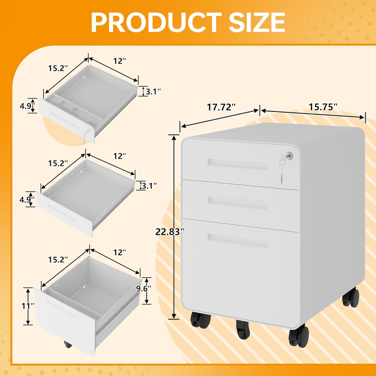 STANI 3 Drawer Filing Cabinet, Metal Filing Cabinet Legal/Letter Size with Lock, Mobile Storage Cabinet for Home and Office, Fully Assembled Except Wheels White
