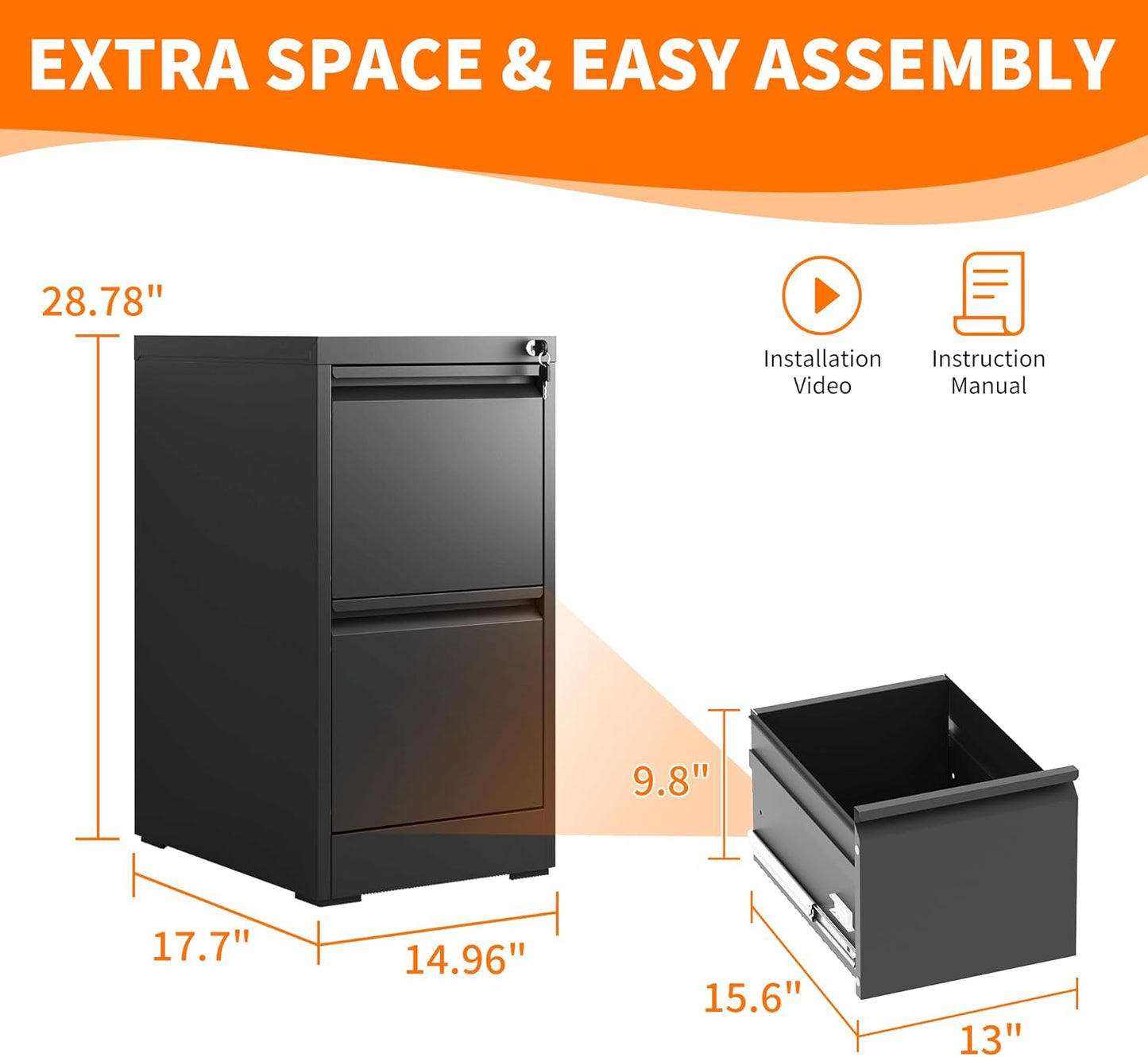 Metal File Cabinet with 2 Drawer Heavy Duty Home Office Steel Vertical Filing Lockable Cabinets for Legal/Letter Size,Assembly Required