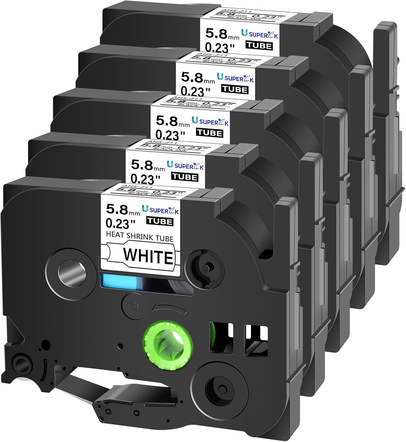 USUPERINK 5 Pack Compatible for Brother Ptouch HSe-211 HSe211 HS-211 HS211 Black on White (0.23''x 4.92ft) Heat Shrink Tube Label Tape use in PT-D400 PT-D450 PT-E300 PT-E500 H300 Label Maker